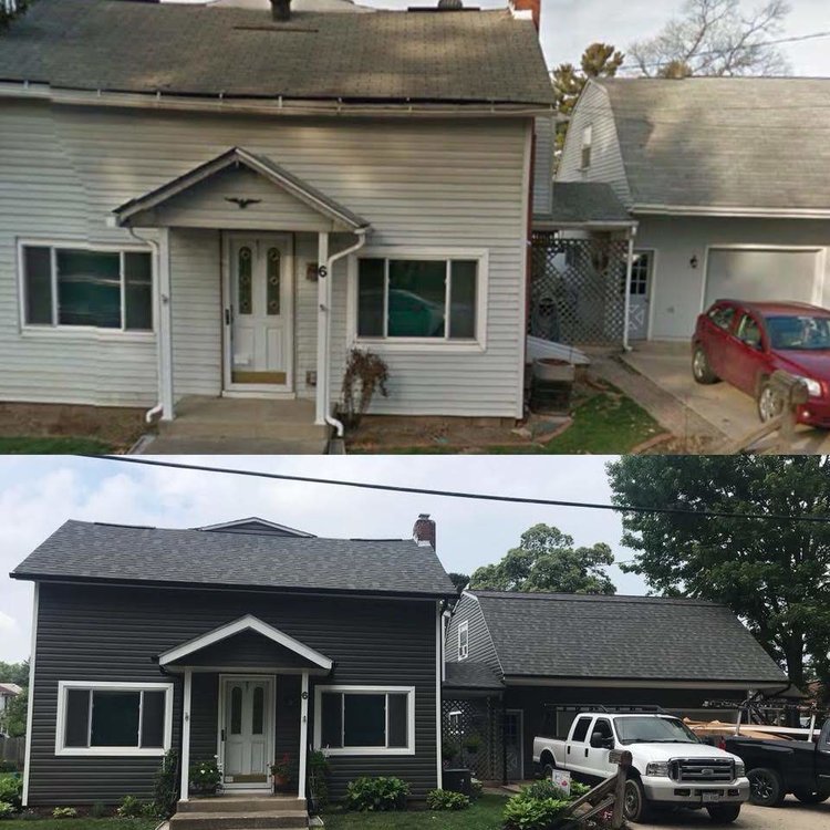 Beautiful Exterior Remodel of Home in Columbus with shingles, siding, gutters, and windows.